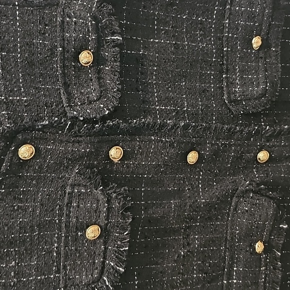 Anthropologie Hazel Black Boucle Tweed Fringe Gold Button Up Vest Pockets Sz L - Picture 8 of 9
